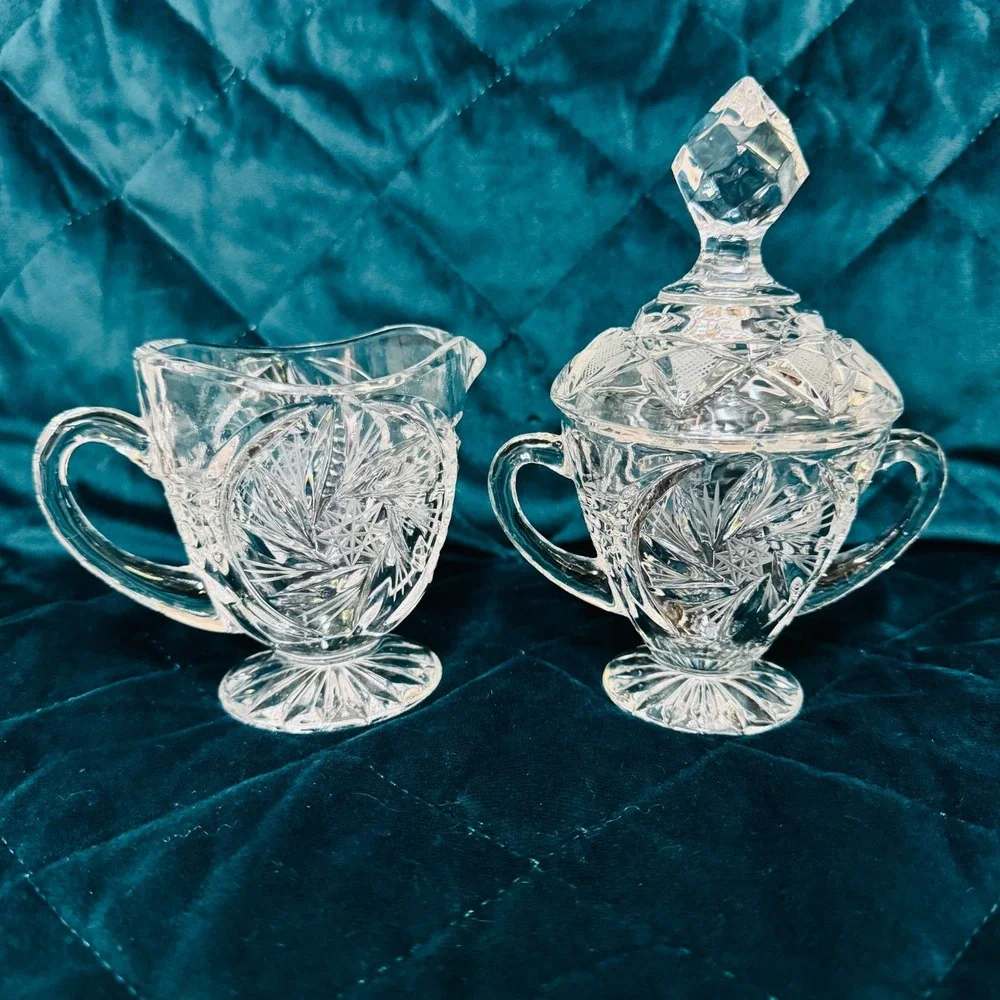Vintage Cut Glass Creamer & Sugar Set w/ Lid Starburst‎ Pattern Pedestal Footed